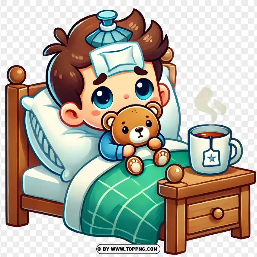 Sick In Bed With A Teddy Bear PNG Transparent Background