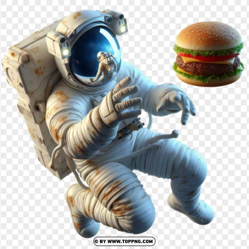 Astronaut reaching for a floating burger in space png