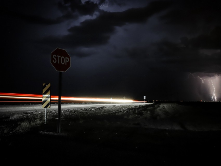 signs, road, night, dark, thunderstorm