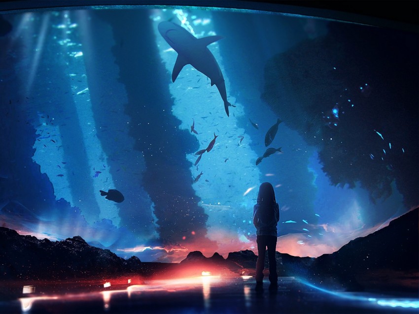 silhouette, aquarium, fish, dark, backlight