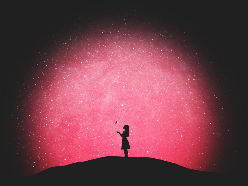 silhouette, butterfly, girl, starry sky, loneliness
