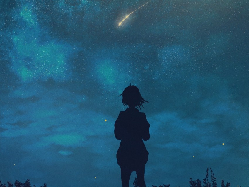 silhouette, child, starry sky, night, loneliness