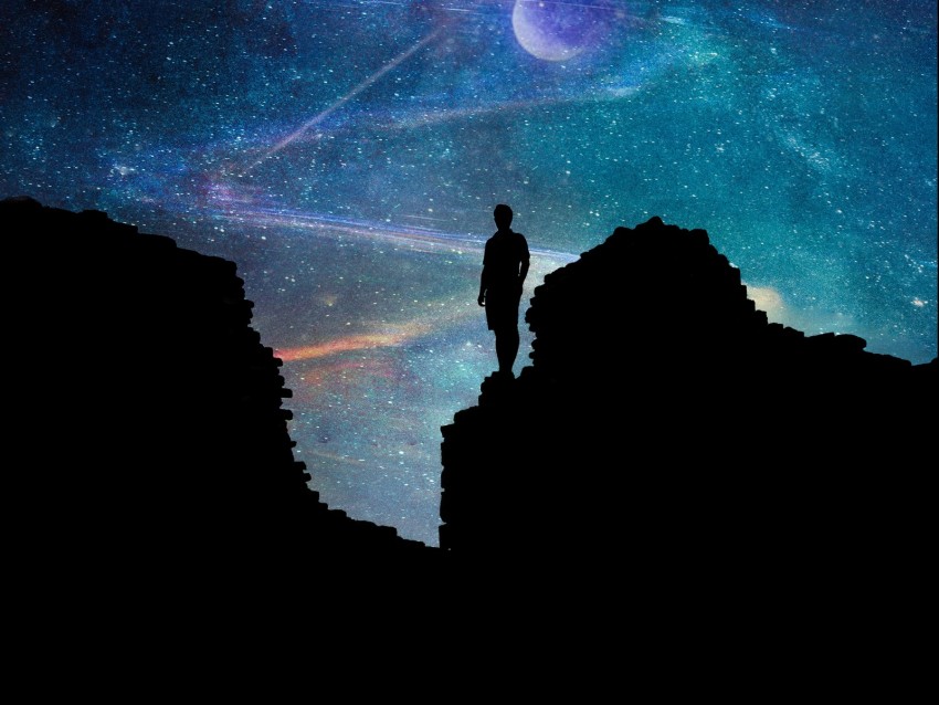 silhouette, dark, space, rocks, starry sky