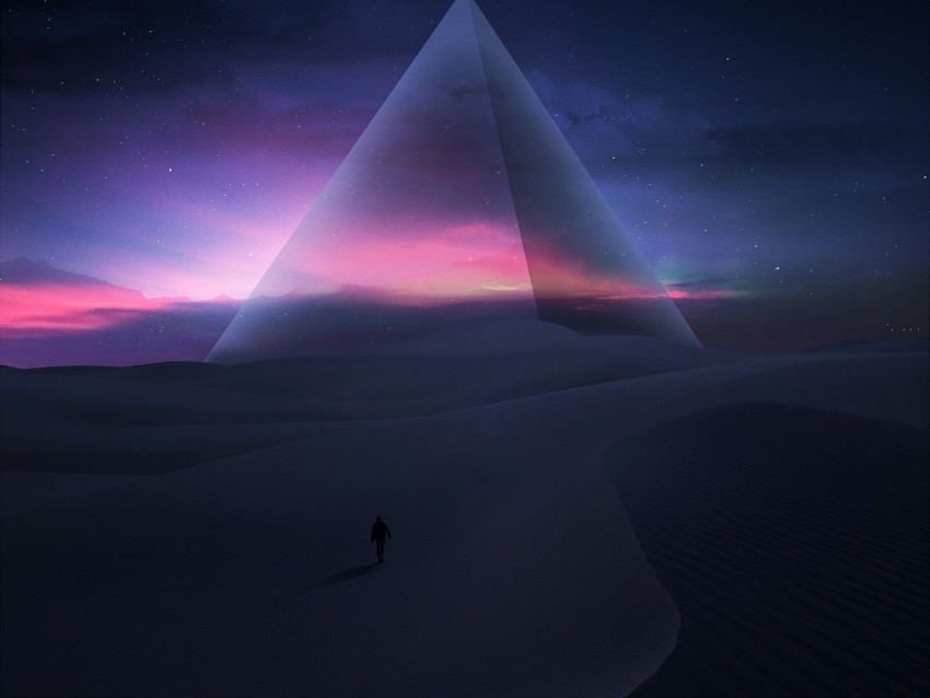 silhouette, desert, pyramid, starry sky, stars