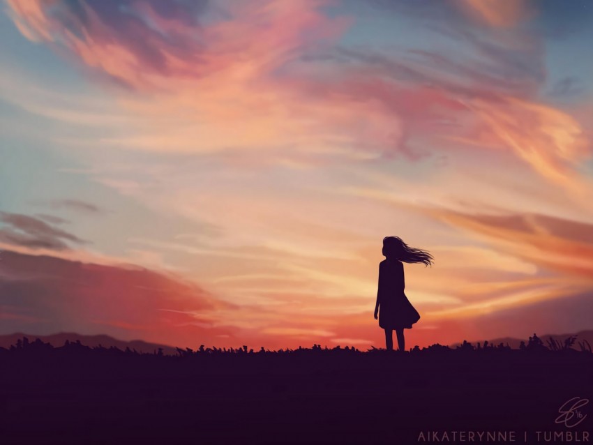 silhouette, field, art, sky, evening, sunset, loneliness