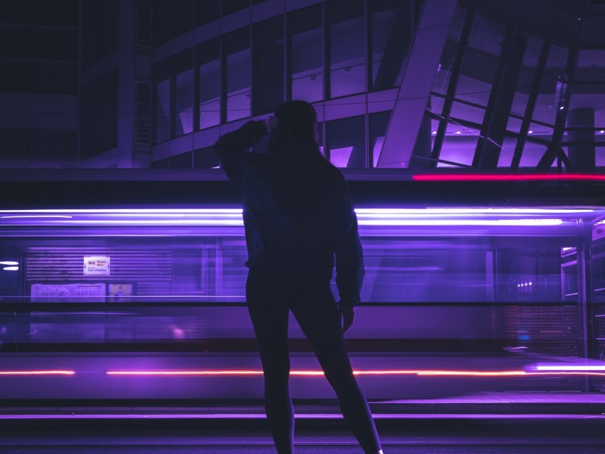 silhouette, figure, neon, light, purple, dark