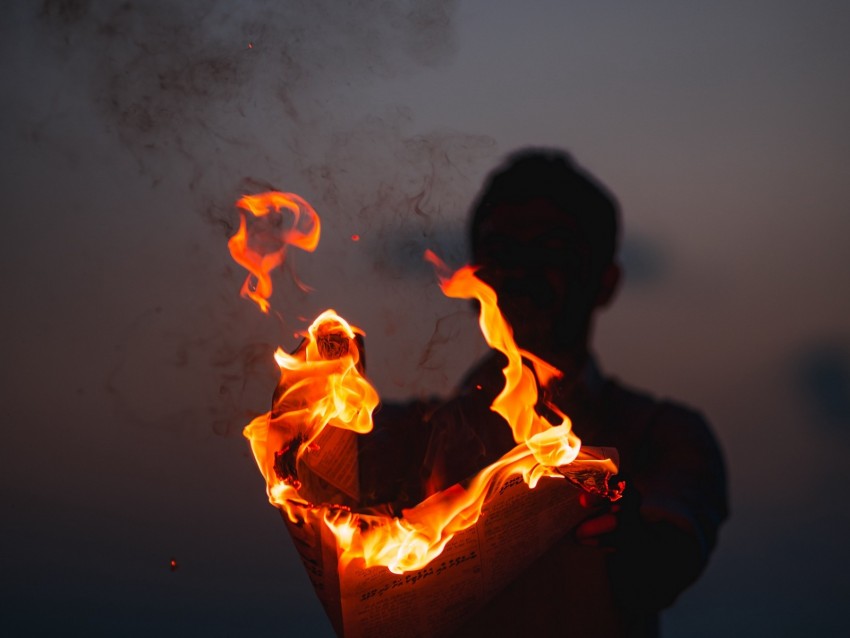 silhouette, fire, paper, smoke