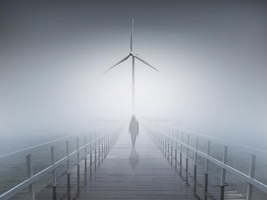 silhouette, fog, bridge, wind generator