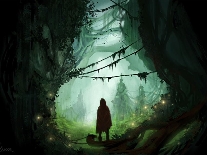 silhouette, forest, art, fog