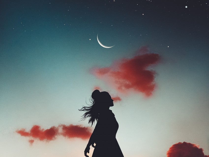 silhouette, girl, moon, sky, levitation, flight