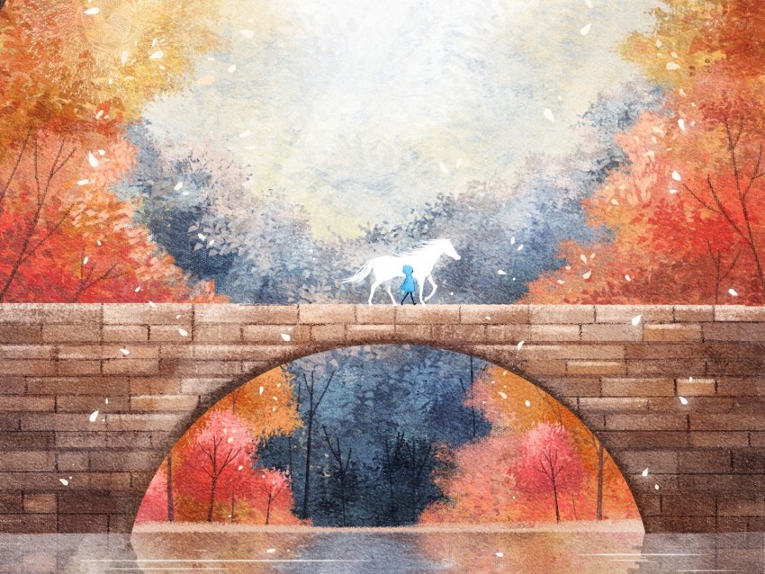 silhouette, horse, bridge, autumn, art