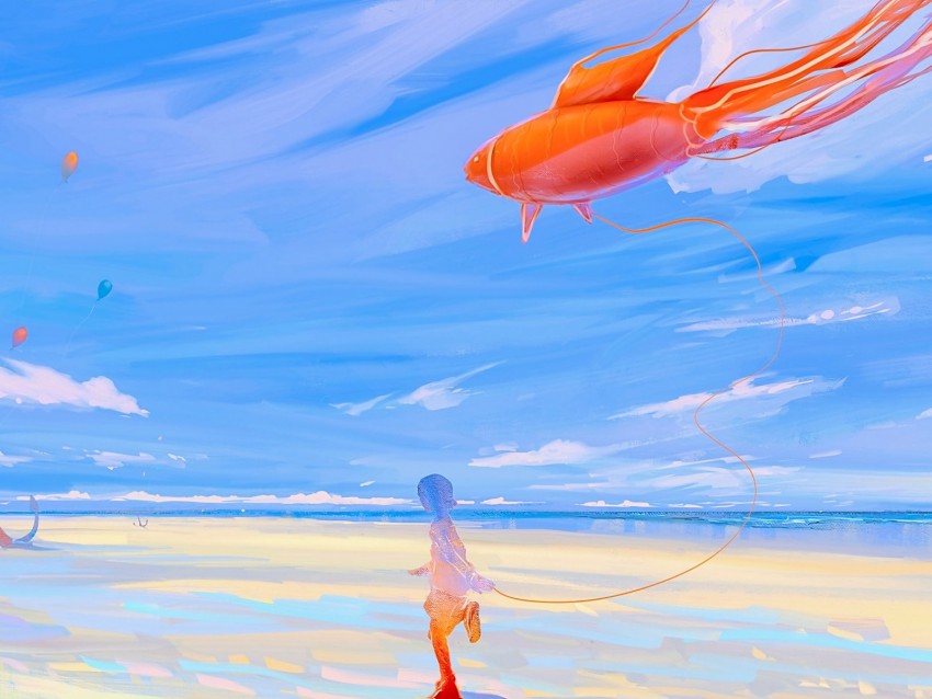silhouette, kite, fish, sea, shore, art