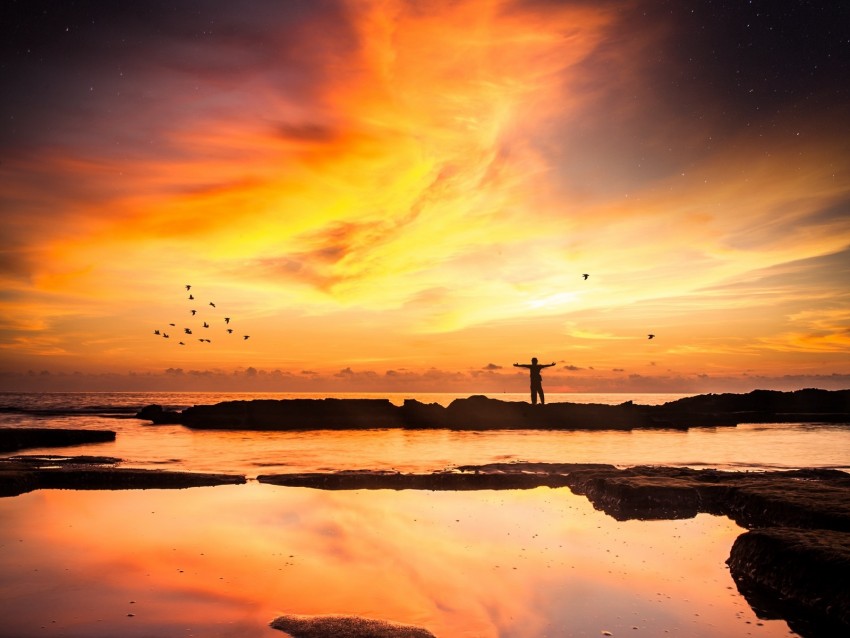 silhouette, loneliness, freedom, sunset, horizon