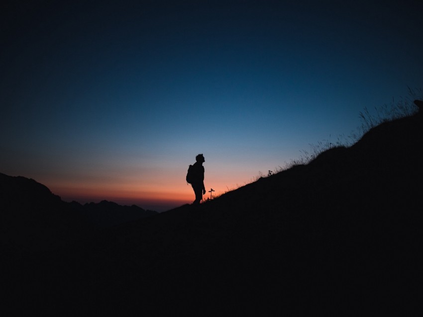 silhouette, lonely, mountain, night, travel