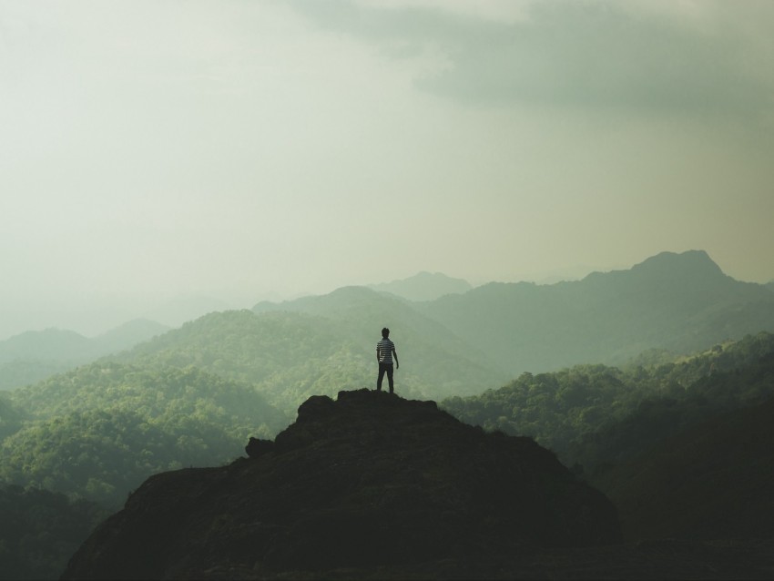 silhouette, mountains, fog, peak, loneliness, freedom