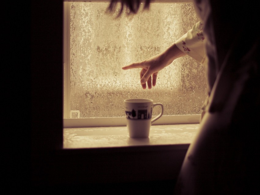 silhouette, mug, window, dark, wet