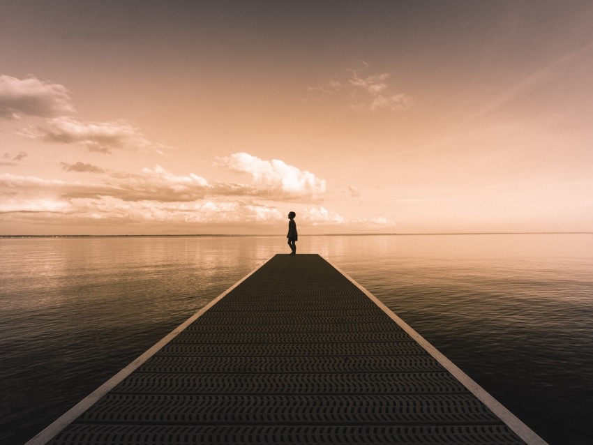 silhouette, pier, water, horizon, dusk
