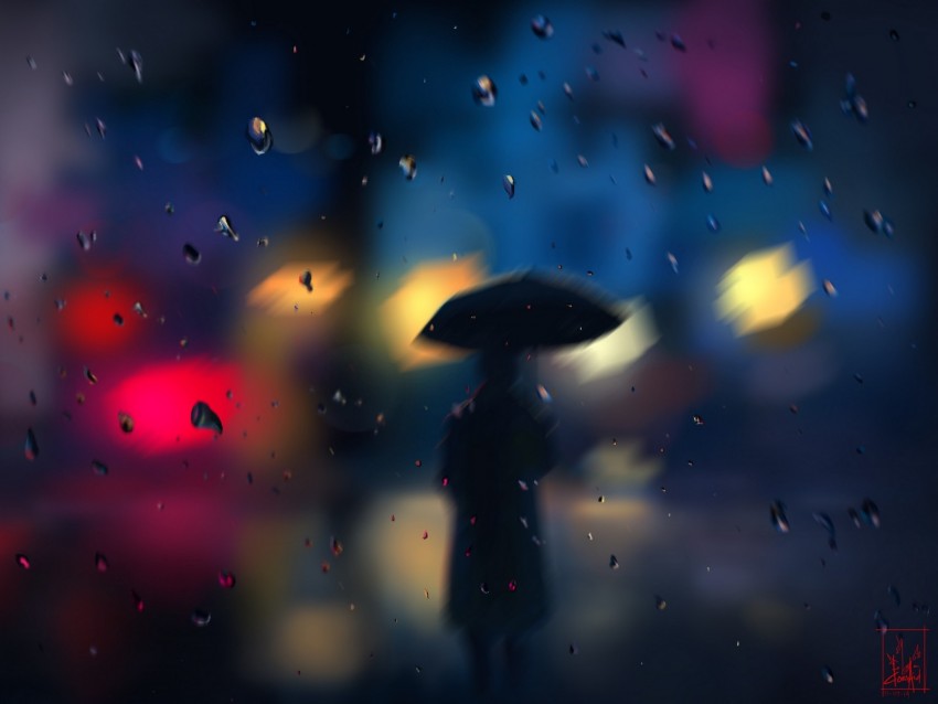 silhouette, rain, blur, drops, bokeh, lights