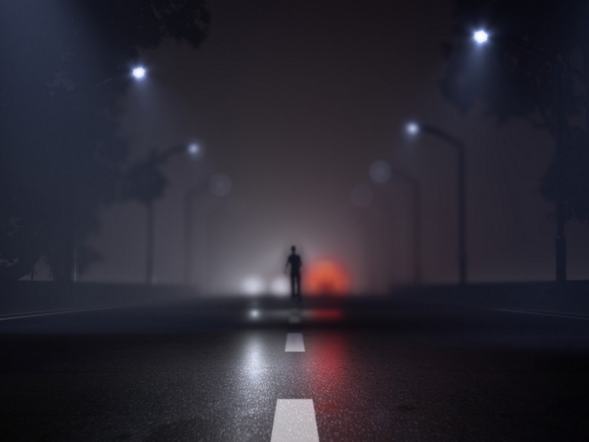 silhouette, road, fog, blur, marking, art