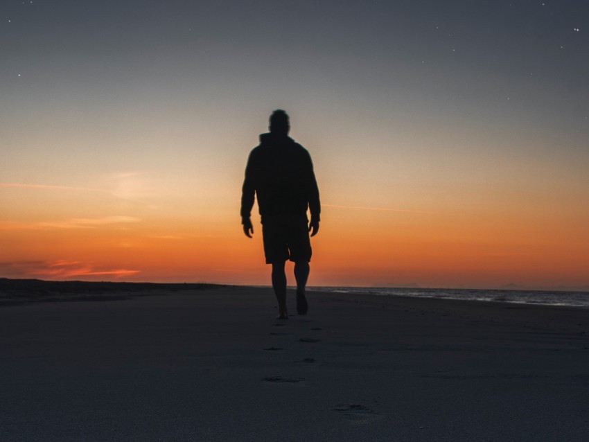 silhouette, sand, footprints, beach, sea, sunset, twilight