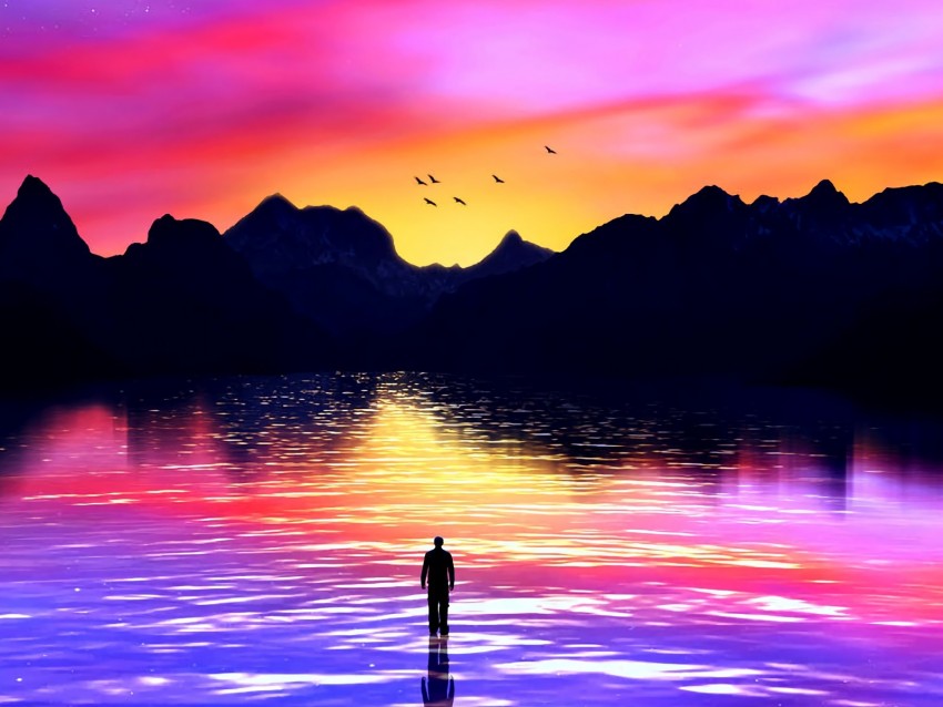 silhouette, sea, art, mountains, colorful, sunset