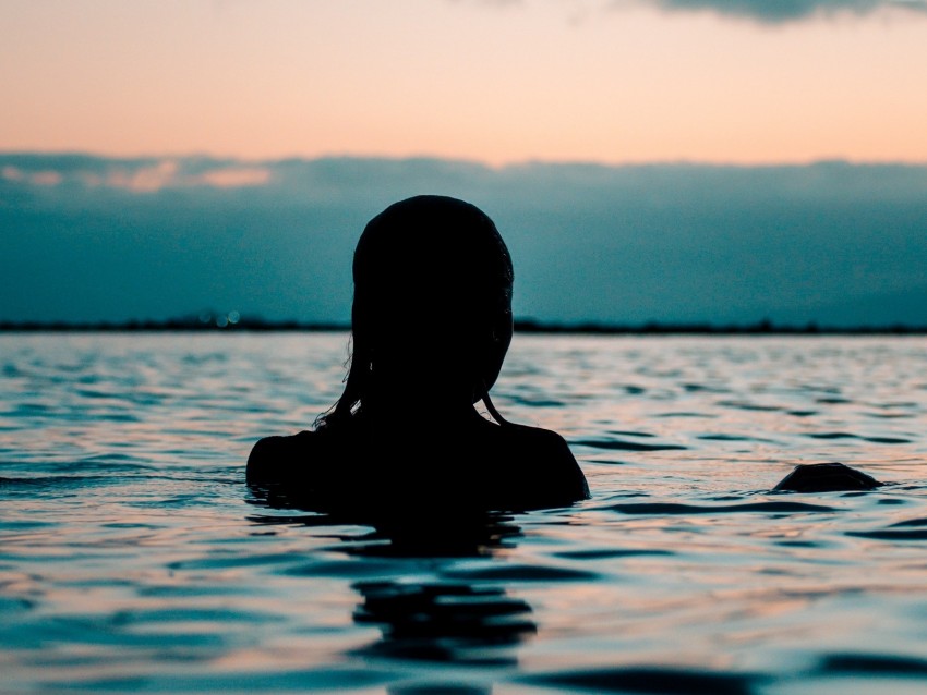 silhouette, sea, sunset, swimming, ripples
