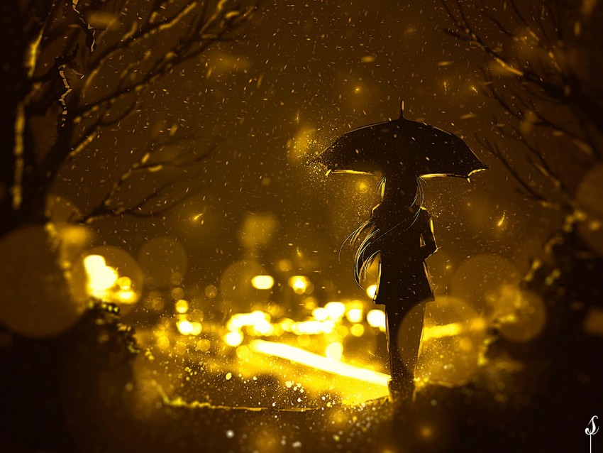 silhouette, umbrella, loneliness, art, night
