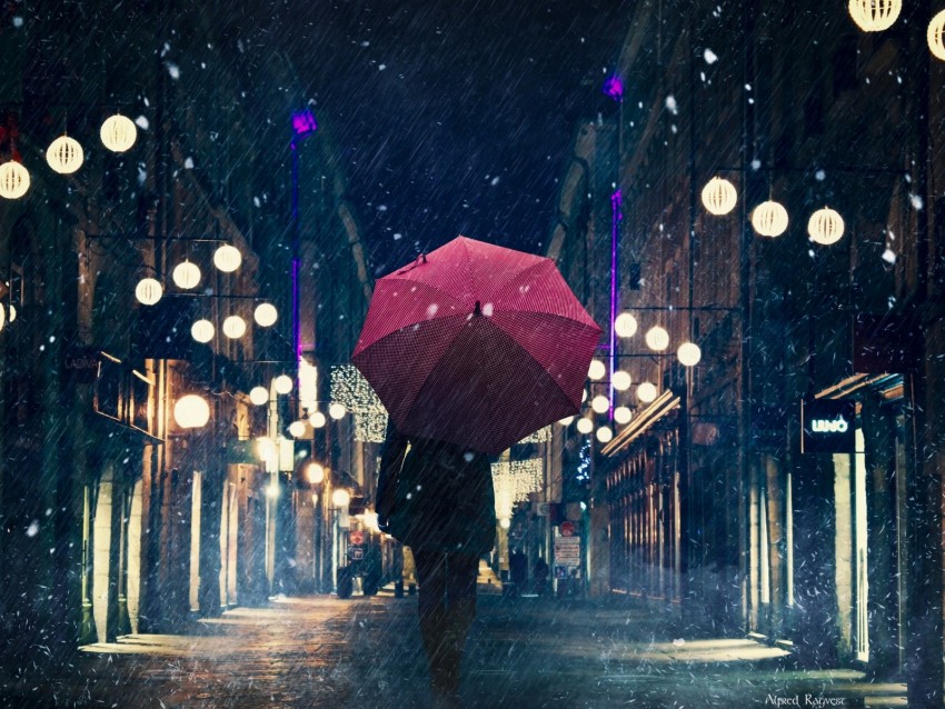 silhouette, umbrella, night city, rain, street, city lights