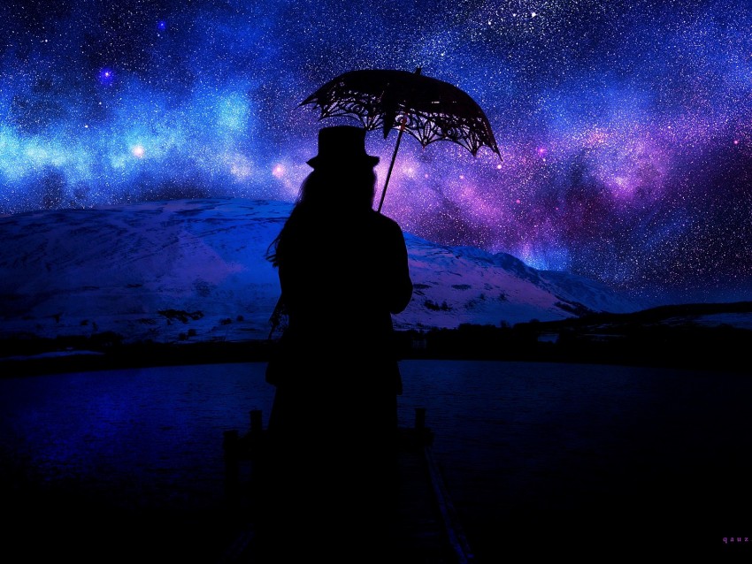 silhouette, umbrella, starry sky, space