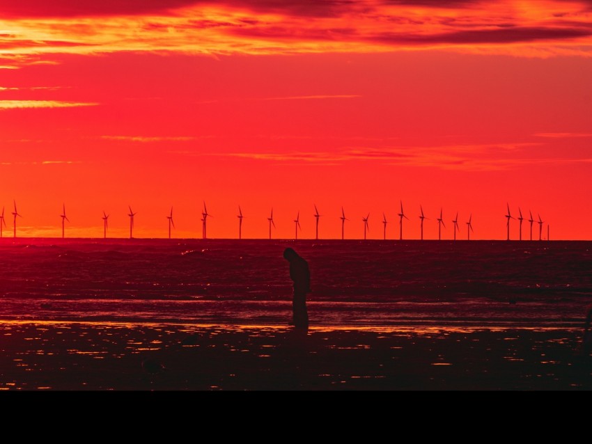 silhouette, wind turbines, sunset, horizon, red