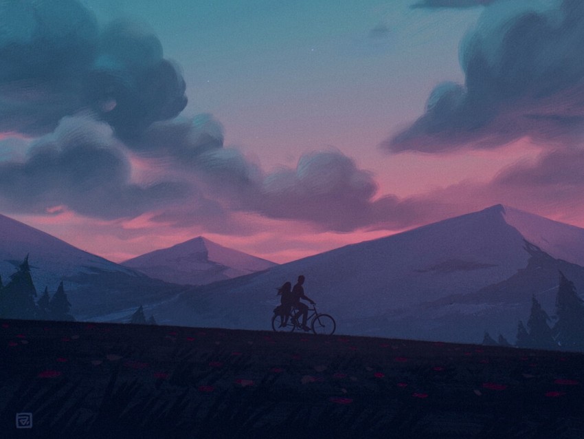 silhouettes, bike, night, mountains, art
