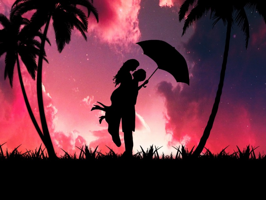 silhouettes, couple, love, romance, hugs, palm trees, dark