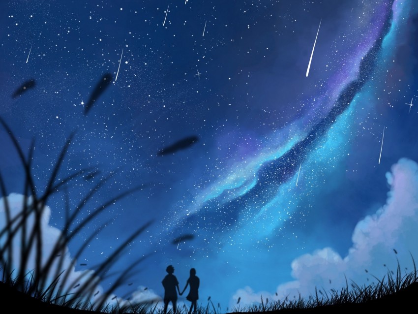 silhouettes, couple, starry sky, brilliance, art