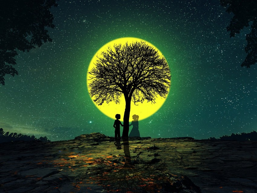 silhouettes, love, tree, night