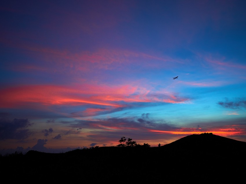silhouettes, plane, horizon, mountain, sunset, landscape