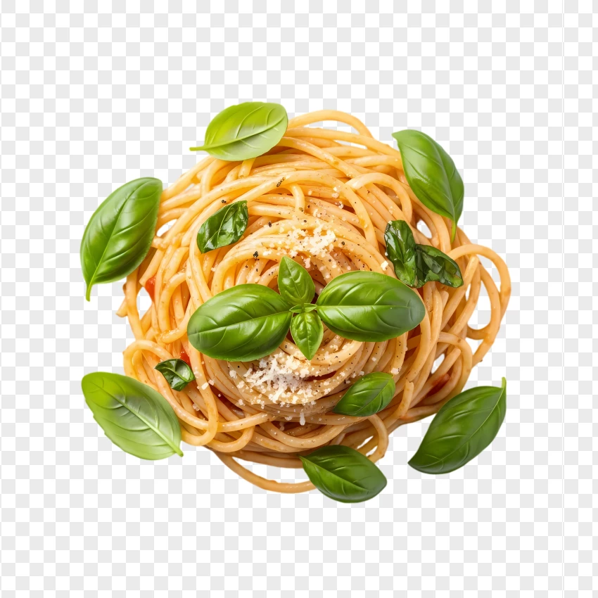 Simple Spaghetti With Fresh Basil Top View PNG Transparent Background