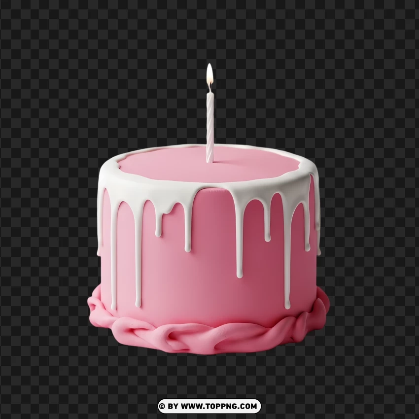 Single-candle Pink Cake With White Icing Drip PNG Transparent Background