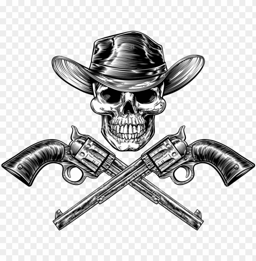 Skull Cowboy In Hat And A Pair Of Crossed Gun Revolver Crossed