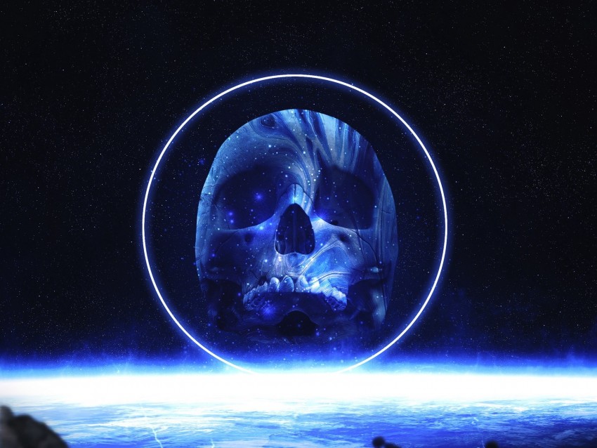 skull, glow, space, circle, stars, blue