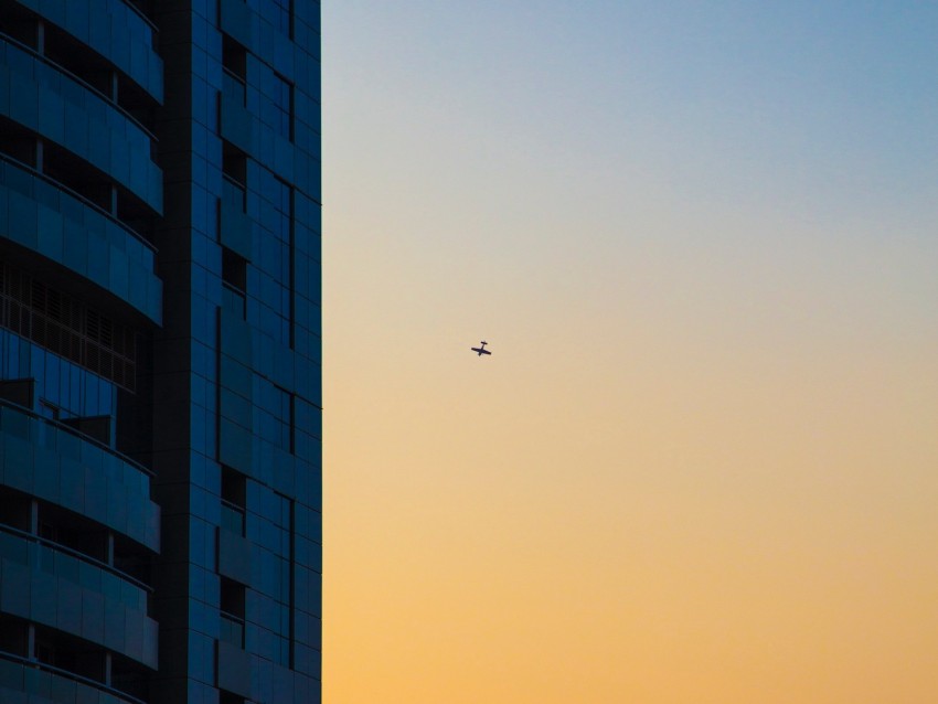 skyscraper, airplane, dawn, minimalism