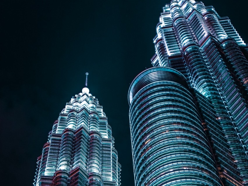 skyscrapers, architecture, backlight, view from below, night
