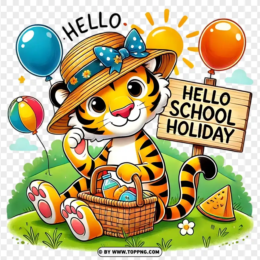 Smiling Tiger With Basket And Sun Hat Hello School Holiday Clipart PNG Transparent Background