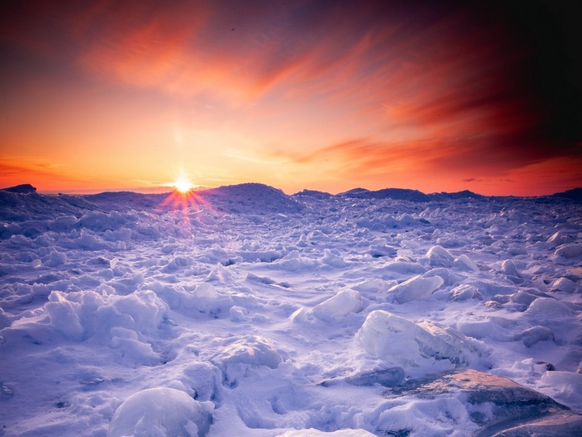 snow, winter, sunset, horizon, ice