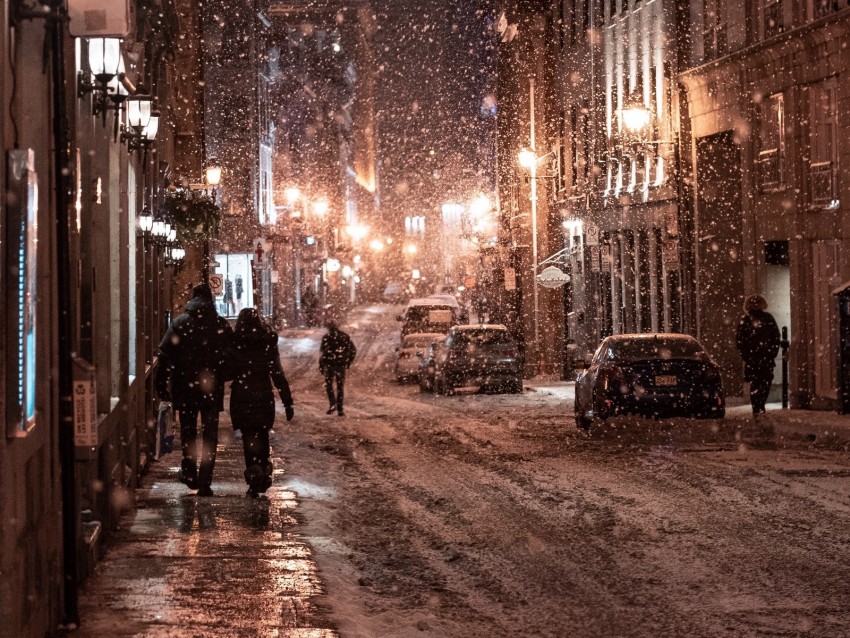 snowfall, people, street, night, evening, city, winter