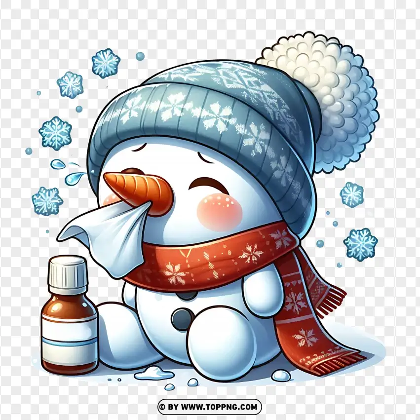 Cartoon Snowman Sneezing With Scarf And Medicine PNG Transparent Background