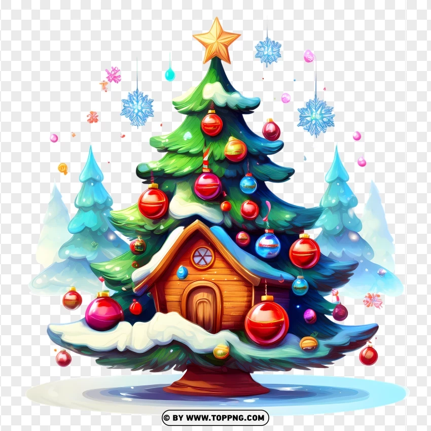 Snowy Cartoon Christmas Tree With Ornaments And Lights PNG Transparent Background