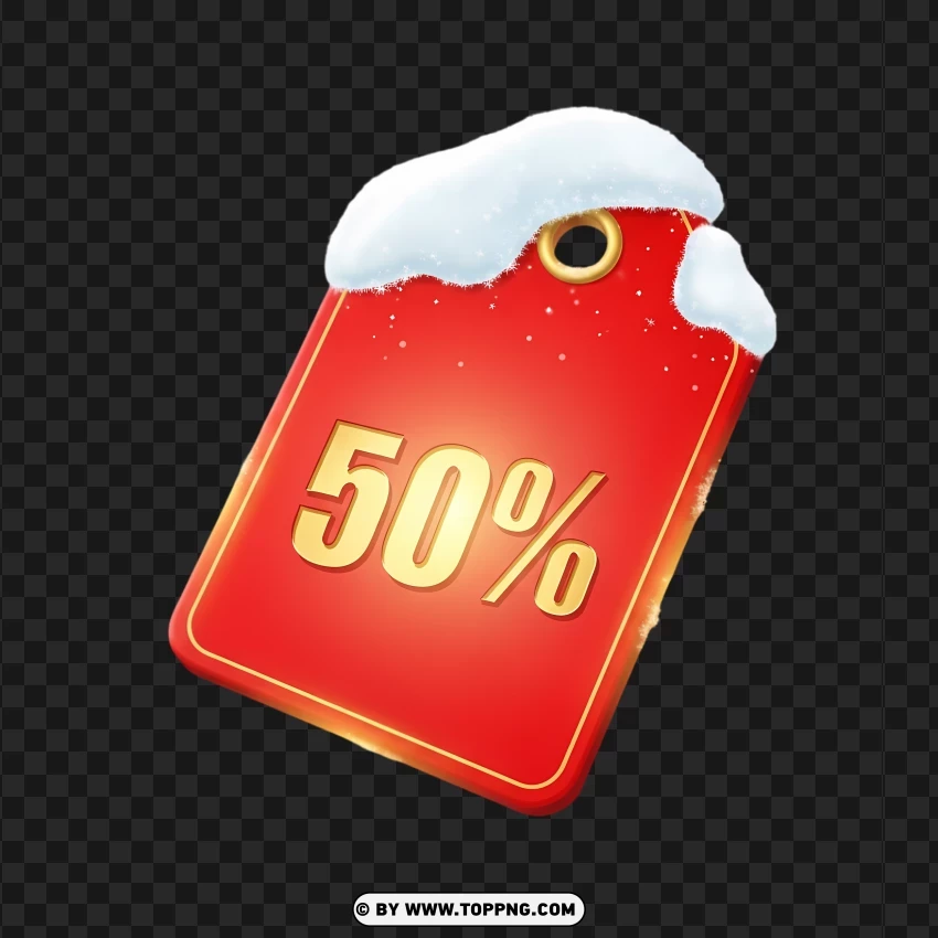 Snowy Christmas Red Discount Tag 50% PNG Transparent Background
