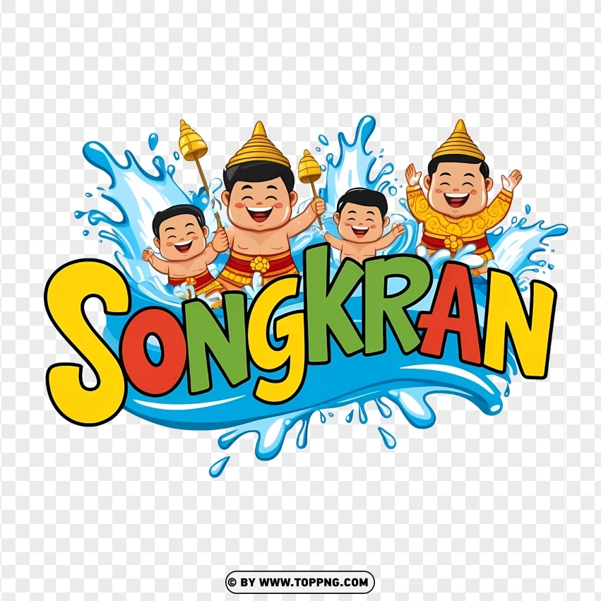 Songkran Festival Design With Cheerful Characters And Water Splashes PNG Transparent Background