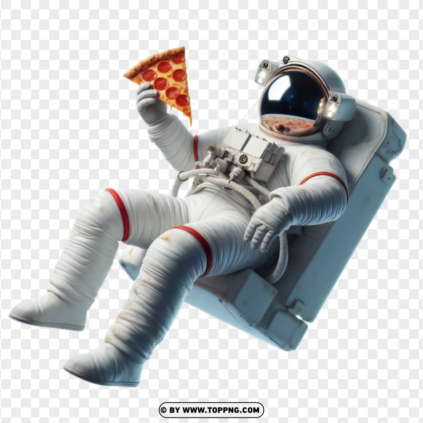 Astronaut reclining and holding a slice of pizza in space Png