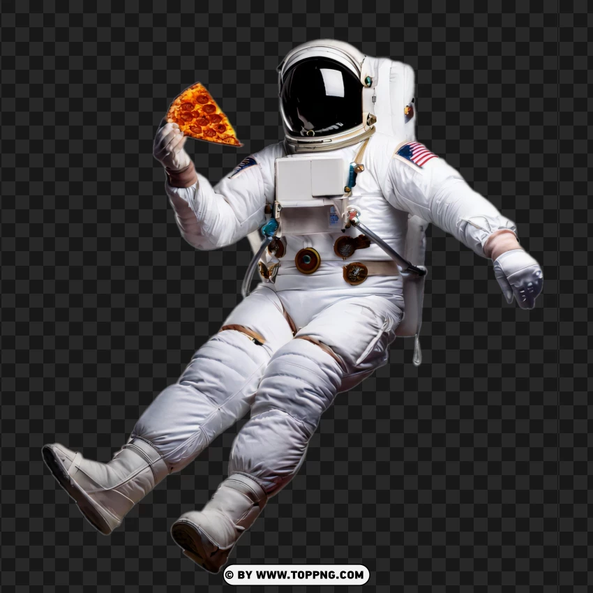 Astronaut standing with a slice of pepperoni pizza in hand png